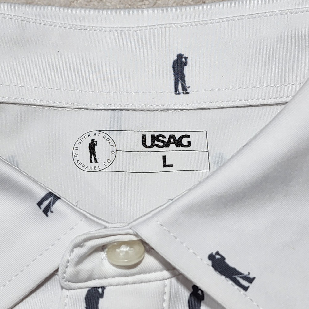 USAG Golf Polo Shirt Golfer Print Athletic Fit Short Sleeve White Large - Picture 3 of 7
